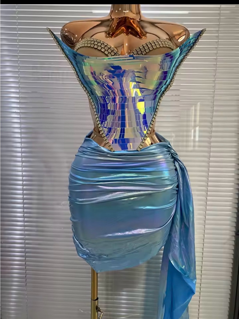 Iridescent Blue Strapless Ruched Mini Dress